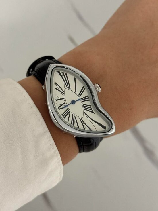 Sku0213 vintage vibe retro silver white watch with black leather strap +gift bag main image 5